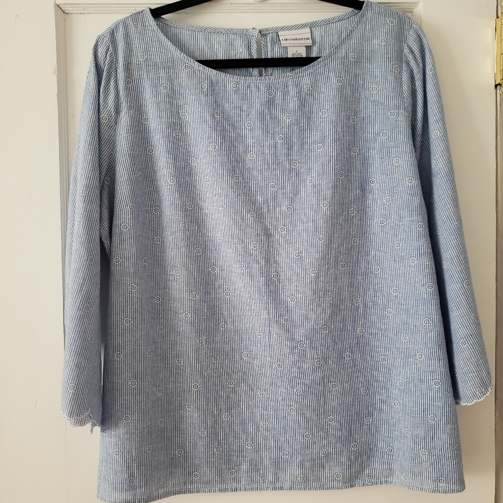 Liz Claiborne Linen Blend 3/4 Sleeve Blouse Stripe Embroider Floral Detail Sz L